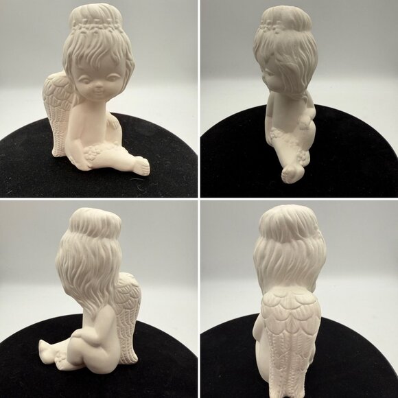 Vtg Ceramic Bisque Angel Figurines Sitting Kneeling Lying Down Greenware Set/3 - Picture 3 of 7